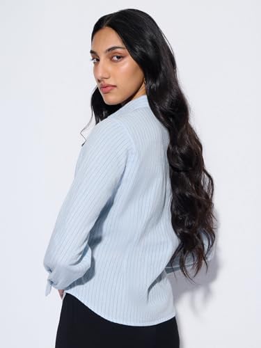 Image of The Souled Store Cotton Linen: High Tide Women and Girls Full Sleeves Spread Collar Light Blue Striped Cotton Linen Blend Regular Fit Lightweight All-Season Shirt