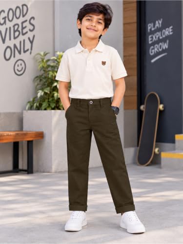 Image of KiddoPanti Boys 100% Cotton Twill Chinos Pant | Comfortable Regular Fit | 2 Side Pocket, 2 Back Pocket | Ankle Length | Back Elasticated Waistband with Button Zip Open Fly