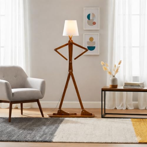 Image of Modern Wooden Adjustable Swing Arm Floor Lamp with Fabric Shade | Nordic Designer Standing Light for Living Room, Bedroom & Office | Walnut Finish Decorative Lighting