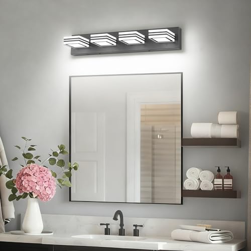 Image of SOLFART Bathroom Vanity Light Over Mirror - 4 Light Led Vanity Light Fixture 26inch Matt Black Lights for Bath