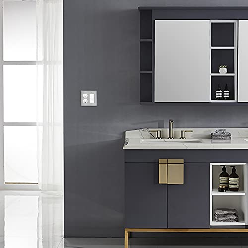 [2 Pack] Bestten 2-Gang Combination Metal Wall Plate With Ｗhite Or Clear Plastic Film, 1-Duplex/1-Decor, Anti-Corrosion Stainless Steel Outlet And Switch Cover, Standard Size, Brushed Finish, Silver #TOP3