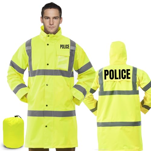 AYKRM Police Reflective Rain Jacket Police Hi Vis Rain Suit Waterproof Long Rain Coats Police Safety Rain Gear