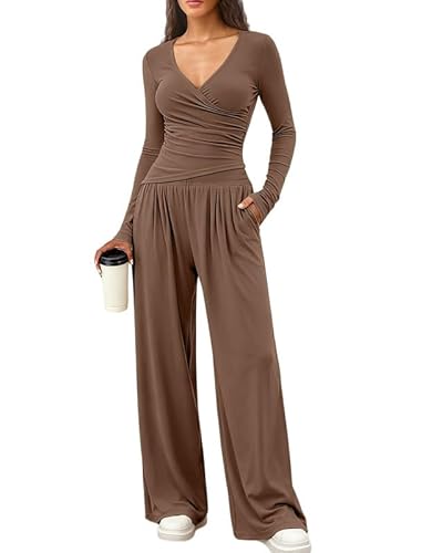 Sukiglam Conjunto Deportivo Mujer Manga Larga Cuello en V Chandal de 2 Piezas Sexy Ajustada Top Cruzado y Pantalón Anchos con Bolsillos Casual Chandales Casa Pijama Conjuntos de Otoño para Fitness