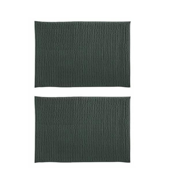MSV - Lot de 2 Tapis de Bain Microfibre Chenille - Poils Longs Anti-dérapant - Lavable en Machine - Boucle d'Accrochage Pratique - Confort et Hygiène Optimisés - Vert Foncé - 50x80 cm