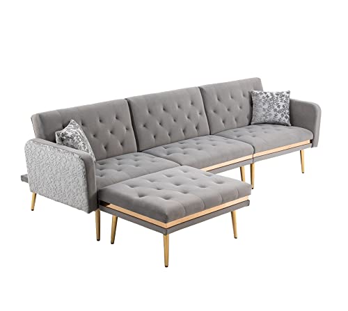 Tehrecbt Gray Velvet Sectional Sofa With Rose Gold Metal Feet, Futon Sofa Bed Convertible Sleeper Sofa For Living Room, Modern Upholstered Sofa With Reversible Sectional Chaise With 2 Pillows,106''W #TOP3