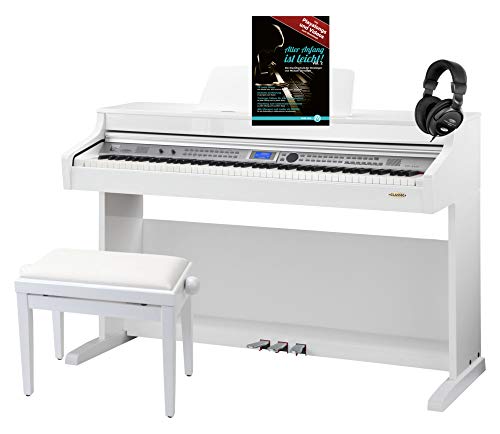 Classic Cantabile DP-A 410 WH E-Piano Set incl. banc, casque, école (88 touches mécaniques, prise casque, USB, accompagnement, pédales, partitions, tabouret) blanc laqué.