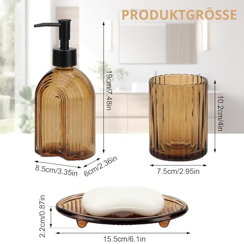 Badezimmer Set 4 Teile– 330ml Glas Bad Zubehör Set mit Seifenspender mit Regenbogen-Muster, 2 Zahnputzbechern& Seifenschale –Badezimmer Organizer für Zahnbürsten&Wattestäbchen –Edle Badezimmer Deko
