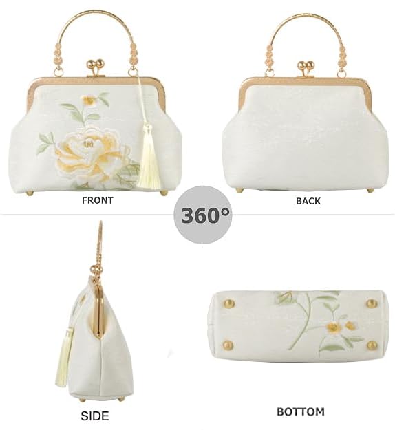 YeBon Retro Shoulder Chain Messenger Clutch Chinese Style Embroidered Elegant White Peony Flower Women's Evening Bags - Image 5