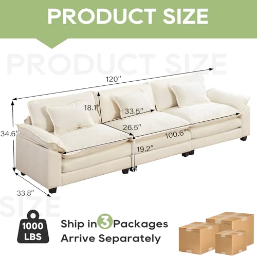 Image of Oprisen 120 inch Modular Sectional Sofa, Comfy Cloud Couch Sectional Sofa, Chenille Sofa Sleeper Deep Seat Sofa with Throw Pillows for Living Room (Beige White, 120 inch- 3 Seater)