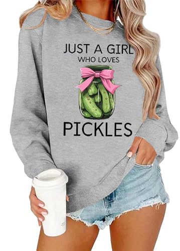 HQP Pickle Sweatshirt Women: In My Pickle Era Sweatshirt Funny Pickle Jar Long Sleeve Shirt Casual Pullover Tops Grey