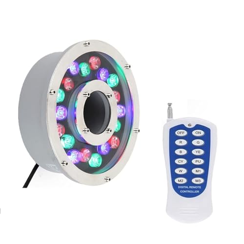 GUODDM Faretto Subacquei - Faretti Piscina, Illuminazione per Laghetto con Foro Centrale Ad Anello Impermeabile IP68, Lampada da Giardino RGB AC 12/24 V, con Telecomando(9W(24V))