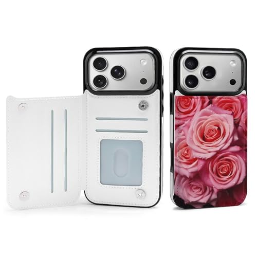 Coque antichoc iPhone 17 ultra-fine : étui portefeuille à motif rose et fentes pour cartes