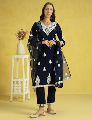 Image of Kaari Women's Chikankari Kurta Set with Dupatta - Straight Fit | Organza Dupatta | Straight Pant with Side Pocket | Kurta Set for Women
