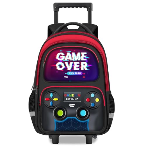 Fitvc Boys Rolling Backpack for Kids - Gamer Boys Rolling Backpack with Wheels, Multifunctional Wheeled Bookbag for Elementary Middle School, Lightweight Travel Roller Bag