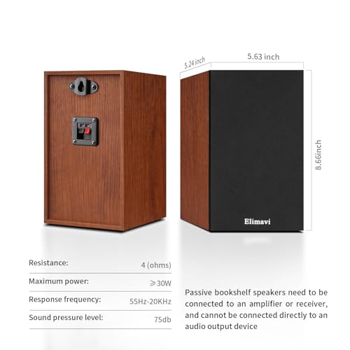 Image of Elimavi Passive Bookshelf Speakers, 2-Way Design with 4 inch Woofer & 1 inch Silk Horn Tweeter, 60Hz Bass, Ideal for Home, Office & Theater, Brown (Requires Amplifier or Receiver to Operate)