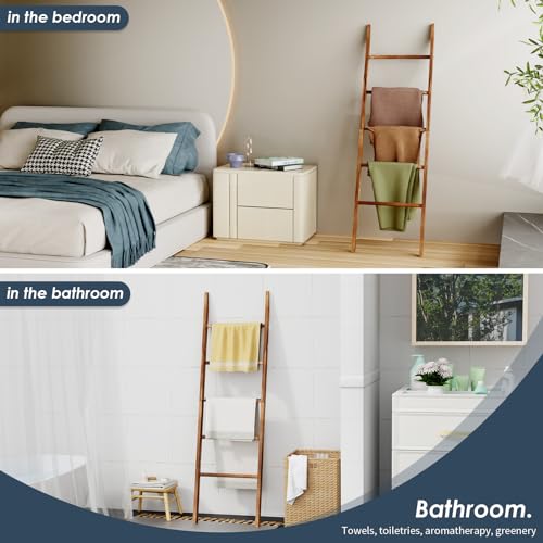 image for Delywh 5-Tier Blanket Ladder Wooden, 5.3FT(63'') Blanket Quilt Holder 