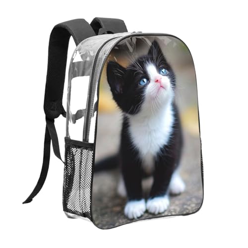 Transparent Daypack for Hiking Work Running - Big Capacity Anti-Theft Multipurpose Shoulder Bag, Black And White Cute Black Cat Travel and Sport Backpack Rucksack