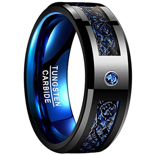 Bague d'amitié homme en tungstène dragon et zircone bleue taille 70