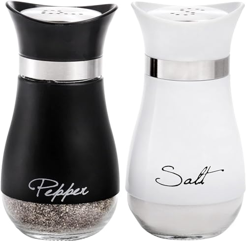 Image of Tebery 2 Pack Refillable Salt and Pepper Shakers Set, 120ml Stainless Steel & Glass Spice Dispenser Seasoning Container for Home Cooking Camping BBQ(Black & White)