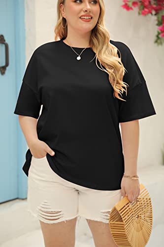 Fisoew Women's Plus Size T Shirts Oversized Tees Half Sleeve Crew Neck Cotton Tunic Tops Black #TOP2