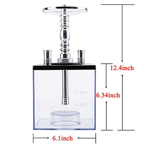 Upgraded Large Opening Design 2 Hose Hookah Set With Travel Bag And Cleaning Brush,Portable Micro Modern Cube Acrylic Hookah With Silicone Hookah Bowl Two Leather Hose Coal Tongs Aluminum Stem,Cube Hookah With Remoted Led Light #TOP4