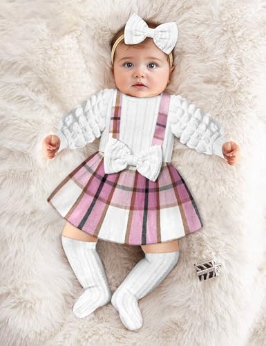 Queenstyle Baby Girl Clothes Dress Fall Winter Outfits Set Puff Sleeve Plaid Romper with Headband Stockings - Image 3
