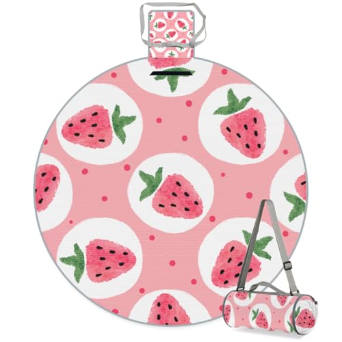 Shimoshe Pink Strawberry Picnic Outdoor Blanket Foldable Waterproof Sandproof Beach Blanket Portable Water-Resistant Round Picnic Mat for Travel Camping Park Lawn