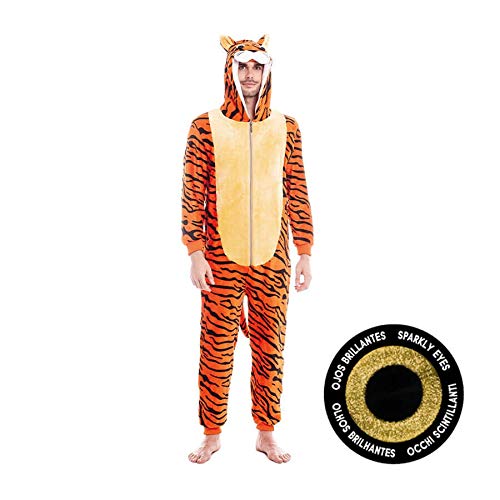 Costume tigre homme et femme unisexe avec yeux violets (tailles adulte de S à L】 [Taille L] Combinaison complète chaude et douce avec fermeture éclair et déguisements carnavaux animaux pour défiler