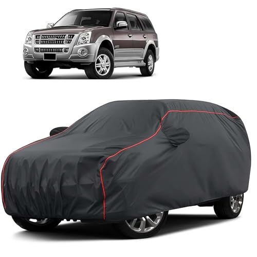 Image of Sulfar 100% Water Resistant Car Body Cover Compatible with Mirror for Isuzu MU7 (Triple Stitched, Full Bottom Elastic, Dark Grey Taffeta with Red Piping)