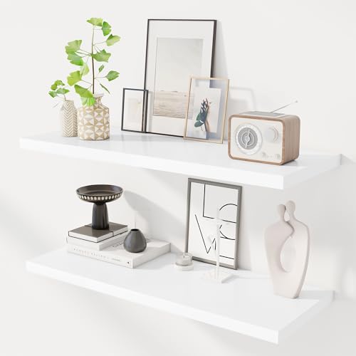 Image of Dreamland 36 inch Floating Shelves for Wall, 12 inch Deep Slim White Floating Shelves, Wall-Mounted Shelves for Bedroom, Living Room, Kitchen, Bathroom - Set of 2