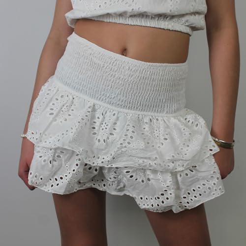 Women's Layered Ruffle Mini Skirt High Waist Flower Hollow Short Skirt Vintage Cottagecore2