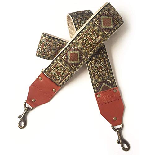 The Hazel Guitar Strap Style Bag Strap Bronze and Gold motif on Natural hemp for