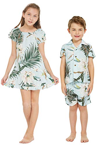 Matching Boy and Girl Siblings Hawaiian Luau Muumuu Outfits in Wispy Cereus Light Blue