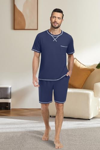 PrinStory Men's Pajamas Set Sleepwear Lightweight Short Sleeve Shirts and Shorts Soft 2 Piece Lounge Set Cozy Nightwear2