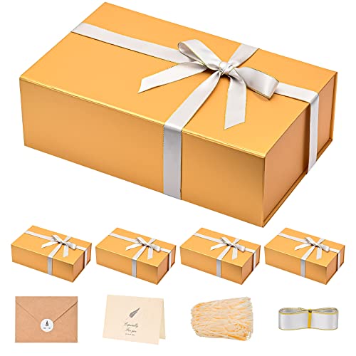 Image of LIFELUM Gift Boxes with Lids for Presents 5 Pack 13.85 x 8.35 x 4.45 inch Gold Gift Boxes with Ribbon,Card,Shredded Paper Filler Gift Box for Valentine's day,Christmas