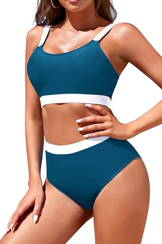 Image of Womens High Waisted Bikini Sets Sporty Crop Top Color Block Swimwear Bandeau Scoop Neck Vintage Two Piece Bathing Suits