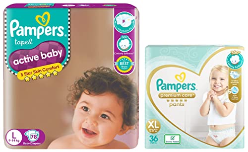 Image of Pampers Active Baby Taped Diapers, Large size diapers, (L) 78 count, taped style custom fit & Premium Care Pants, Extra Large size baby diapers (XL), 36 Count, Softest ever pants