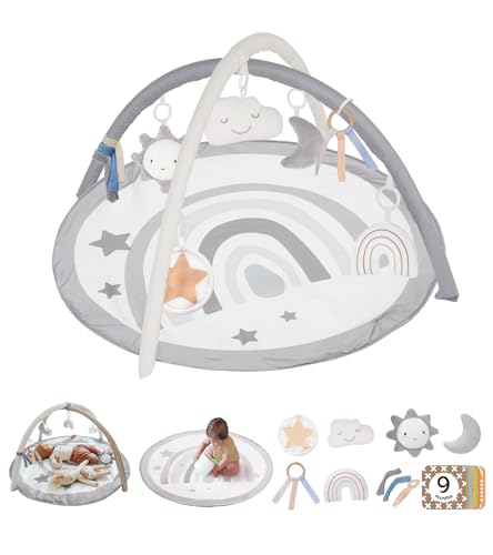 Image of little dove Baby Gym and Infant Play Mat Rainbow Design for Newborn Stage-Based Developmental Activity Gym for Babies to Toddlers with 7 Toys Infant Mirror Tummy Time Mat Neutral Grey