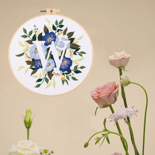 Image of IUHUI Embroidery Kit for Beginners Adults - 26 Floral Letters Easy Patterns, DIY Hand Stitching Embroidery Set with Hoop (Flower and Grass Letter W)