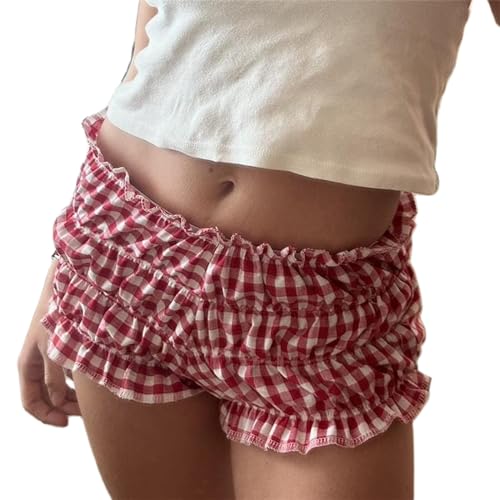 Image of Yuemengxuan Y2k Plaid Shorts Baggy Boxer Shorts for Women Elastic Waist Casual Lounge Bottom Gingham Pajama Shorts Sleepwear