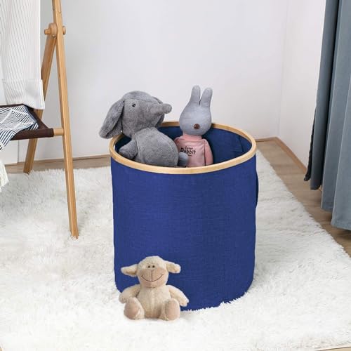 Luxe Home Large Round Fabric Storage Basket with Bamboo Handles -...