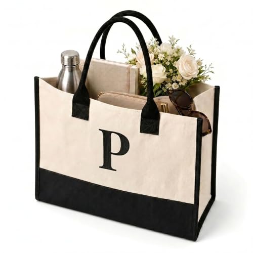 Image of Salt Earth Canvas Tote Bag for Women, Personalized Initial Monogram Tote, Beach Grocery Utility Tote for Travel & Work