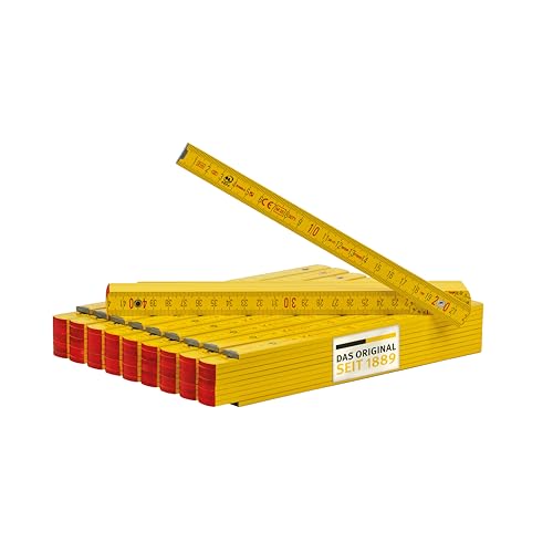Stabila Zollstock 2 Meter Type 707 - Meterstab gelb, metrische Skala, Gliedermaßstab mit Winkelfunktion aus PEFC-zertifiziertem Holz, Polyamid-Gelenke (10er Pack Zollstöcke)