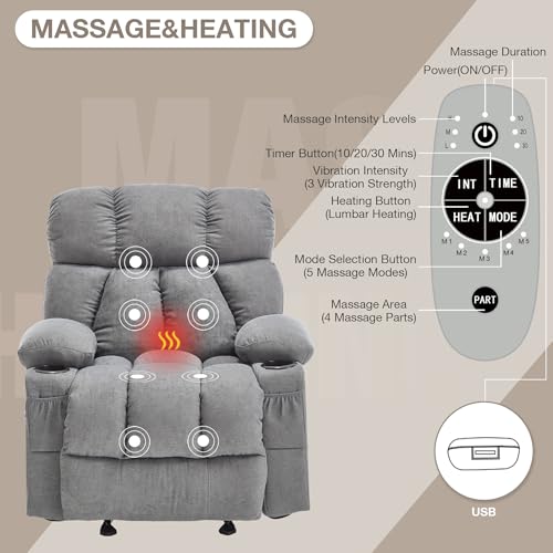 Massage-Rocker-Recliner-Chair-with-Heat-and-Vibration-Ergonomic-Rocking-Lounge-Chair-for-Living-Room-Comfy-Overstuffed-Recliner-with-4-Side-Pockets2-Cup-Holders-USB-Charge-Port-Grey