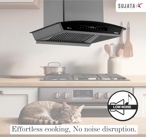 Image of Sujata 60cm Auto Clean Kitchen Chimney | 15 Years BLDC Motor Warranty & 5 Years Comprehensive Warranty | 11 Gesture & Touch Control, Powerful Suction, Low Noise, Wall Mounted, LED Panel(Quartz-Black)