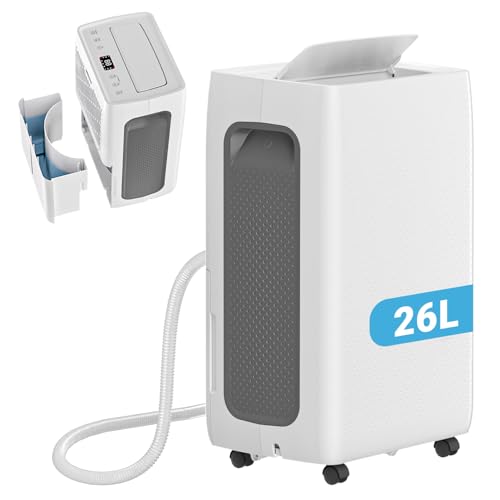 Vkechh Deshumidificador eléctrico 26L/24H, silencioso, 38 dB, para tamaños de habitaciones de hasta 150 m³ (50 m²), deshumidificador con 3 modos, temporizador de 24H, depósito de agua extraíble de 4,3