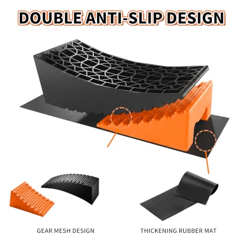 Image of OULEME RV Leveling Blocks, Camper Leveler System 2 Packs for Dual Axle Tandem Wheel Travel Trailer, Include 2 Curved Leveler Ramp, 2 Chock, 2 Rubber Mat, 1 T Bubble Level, 1 Carry Bag, Orange