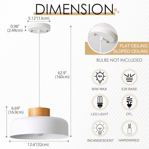 Modern Pendant Light,12.6 inch,Real Wood Cap,Small Pendant Lighting for Kitchen Island,Dining Room,Matte White - Image 3