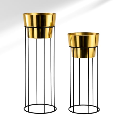 Image of Modern Metal Floor Planter Stand Set of 2 - Tall Gold & Black Indoor Plant Holders with Iron Stands for Living Room, Balcony, Office & Home Decor