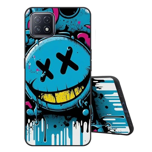 Sinyunron Cover Compatible con OPPO A73 5G Custodia TPU in Silicone Morbida e Sottile con Antiurto,Anti-Graffio,Opaca Posteriore con Carina Estetica Motivo Disegno-Emoji blu